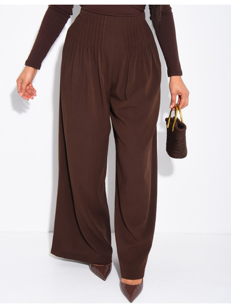 Pantalon effet lin droit froncé à la taille