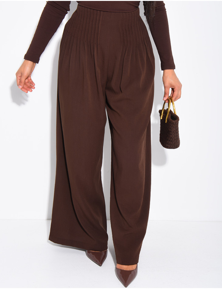 Pantalon effet lin droit froncé à la taille