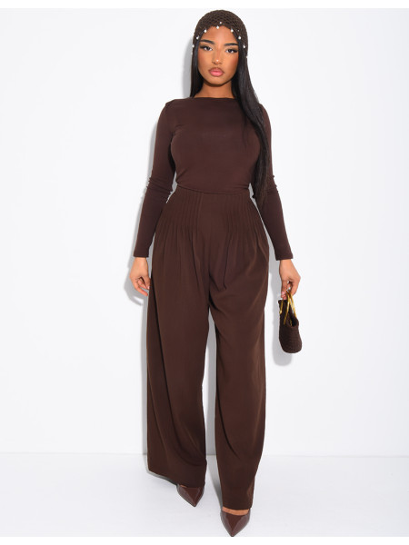 Pantalon effet lin droit froncé à la taille