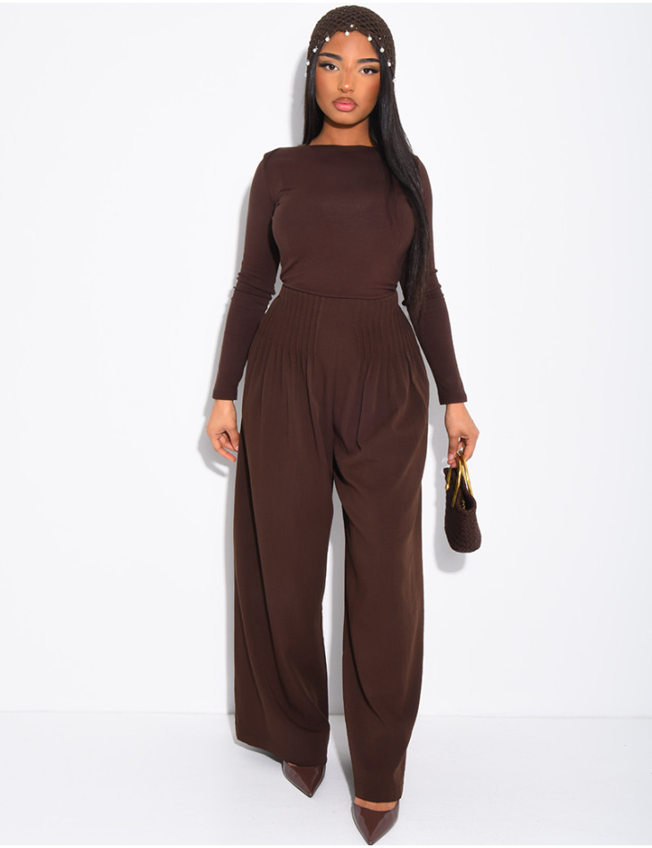 Pantalon effet lin droit froncé à la taille