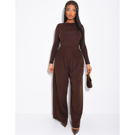 Pantalon effet lin droit froncé à la taille