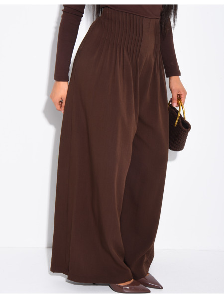 Pantalon effet lin droit froncé à la taille