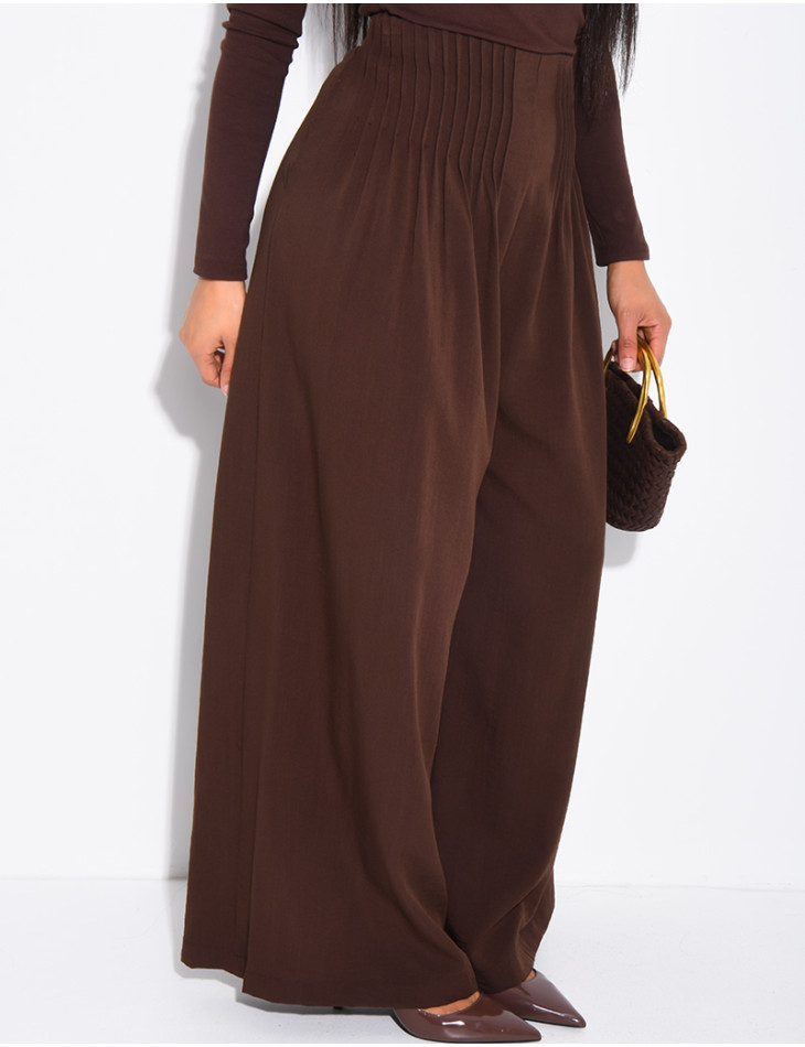 Pantalon effet lin droit froncé à la taille