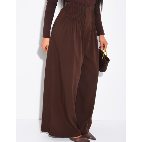 Pantalon effet lin droit froncé à la taille