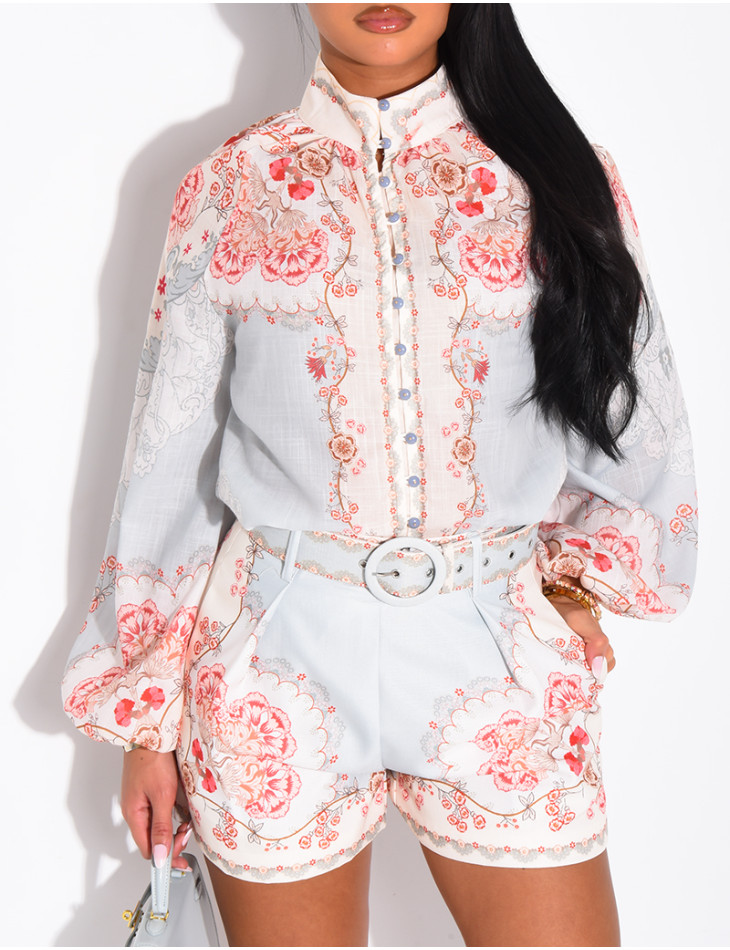 Set aus Hemd und passender Shorts mit Muster und Gürtel