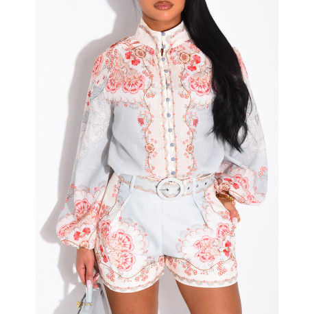 Set aus Hemd und passender Shorts mit Muster und Gürtel