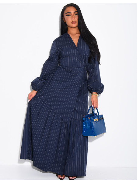 Long striped wrap-style cotton dress