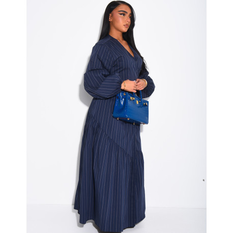 Long striped wrap-style cotton dress