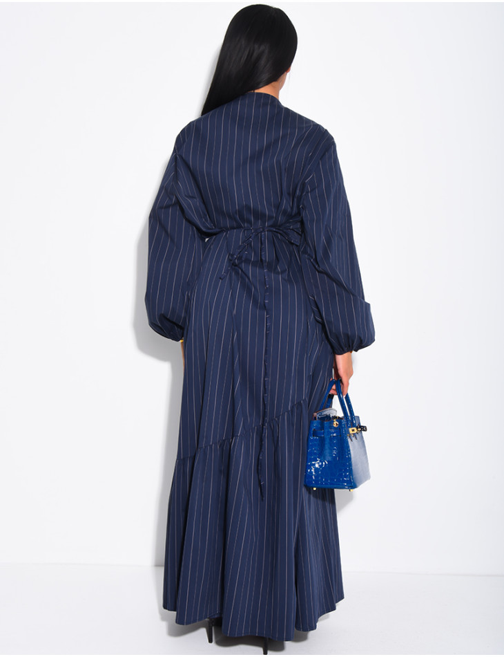 Long striped wrap-style cotton dress