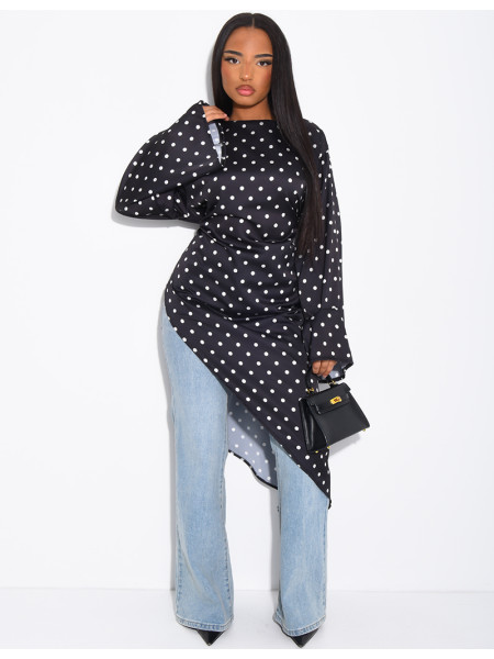 Top long et asymétrique en satin à pois