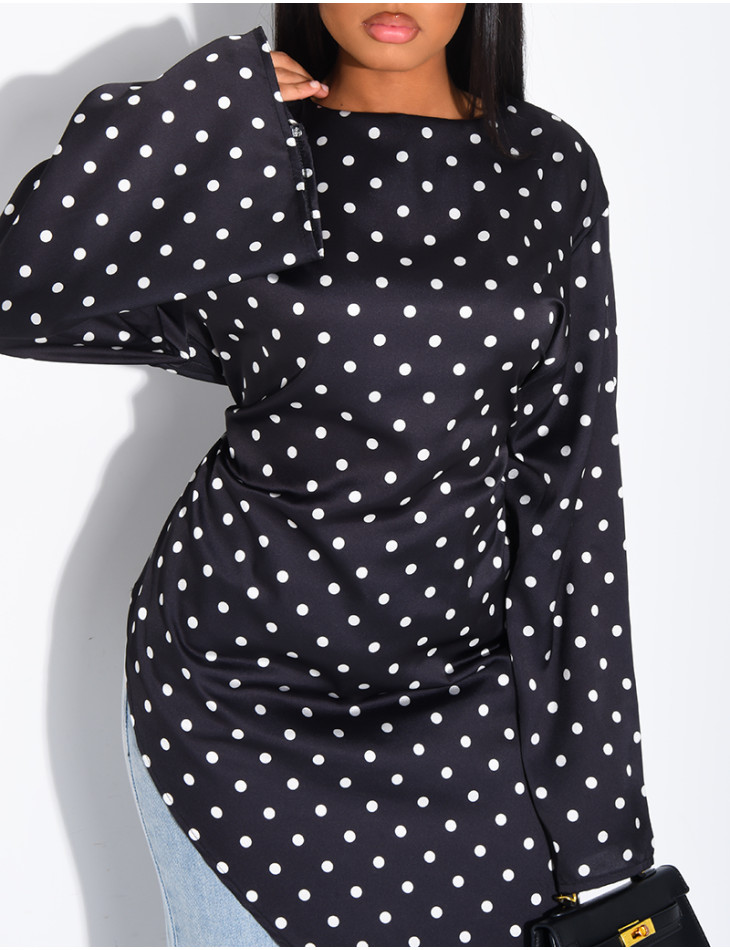 Top long et asymétrique en satin à pois