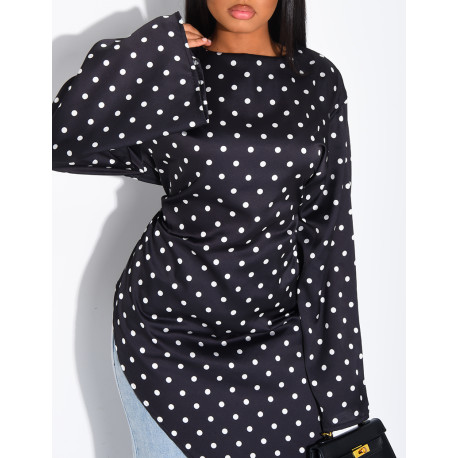 Top long et asymétrique en satin à pois