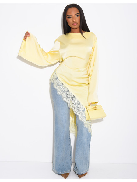 Asymmetrical lace satin top