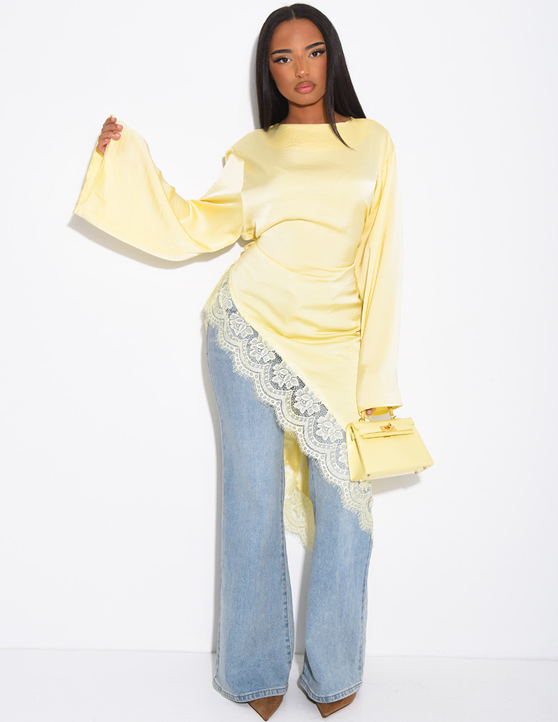 Asymmetrical lace satin top