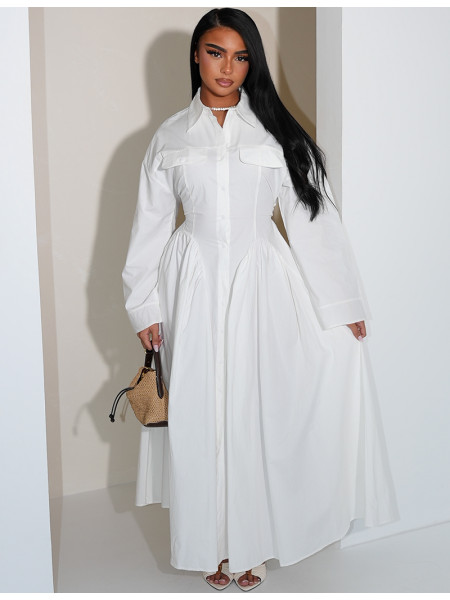 Long cotton poplin dress with a puff-effect shirt collar