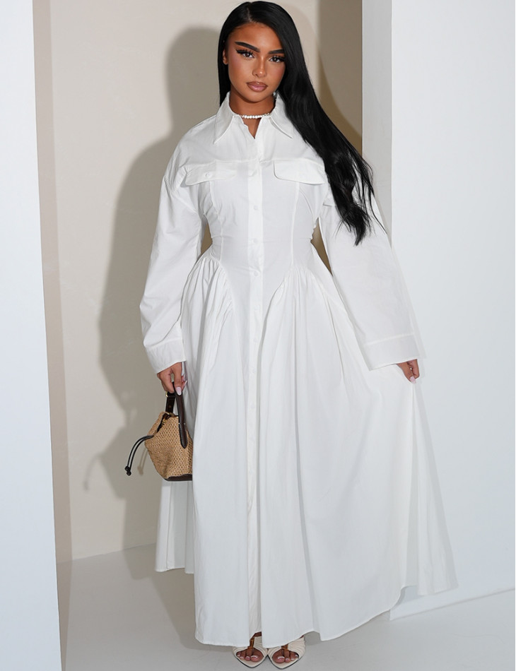 Long cotton poplin dress with a puff-effect shirt collar