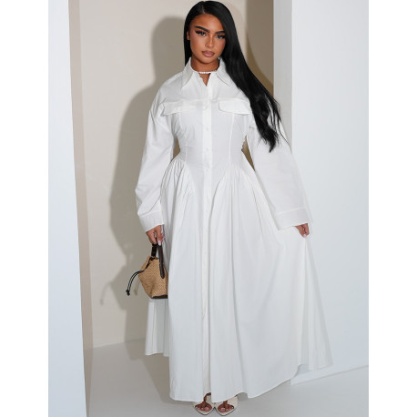 Long cotton poplin dress with a puff-effect shirt collar