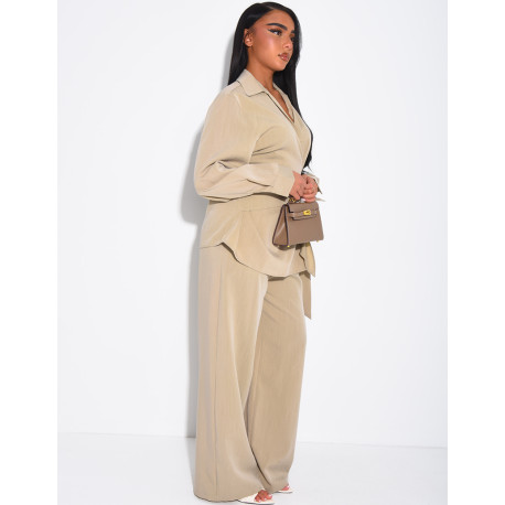 Tie-front blouse and straight-leg linen-effect trousers set