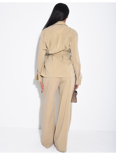 Tie-front blouse and straight-leg linen-effect trousers set