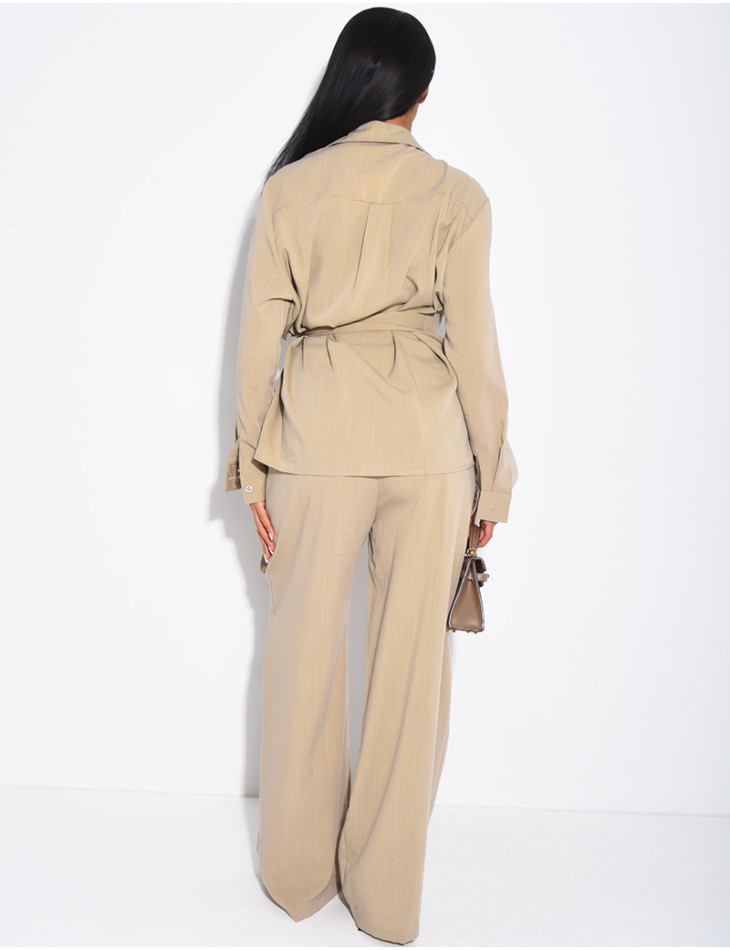Tie-front blouse and straight-leg linen-effect trousers set