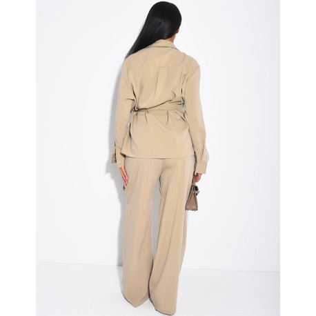 Tie-front blouse and straight-leg linen-effect trousers set