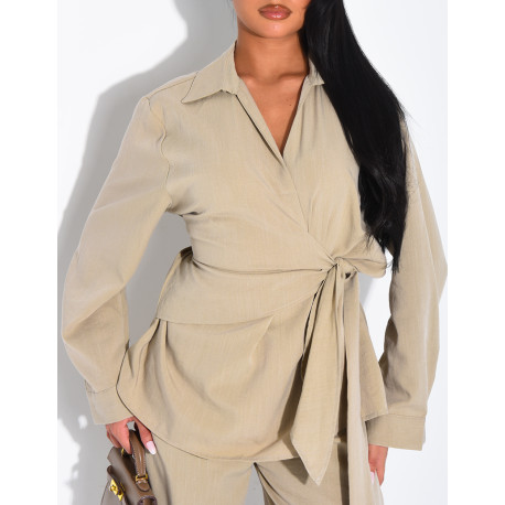 Tie-front blouse and straight-leg linen-effect trousers set