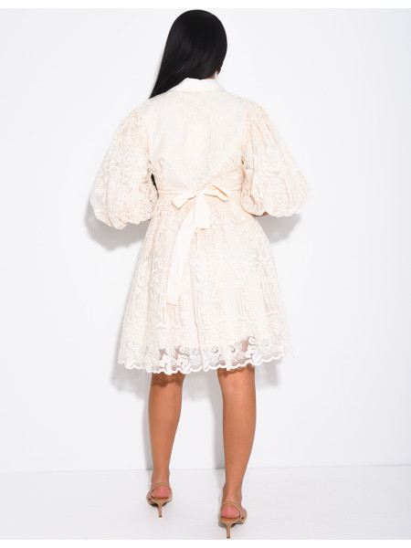 Short embroidered voile dress with puff sleeves