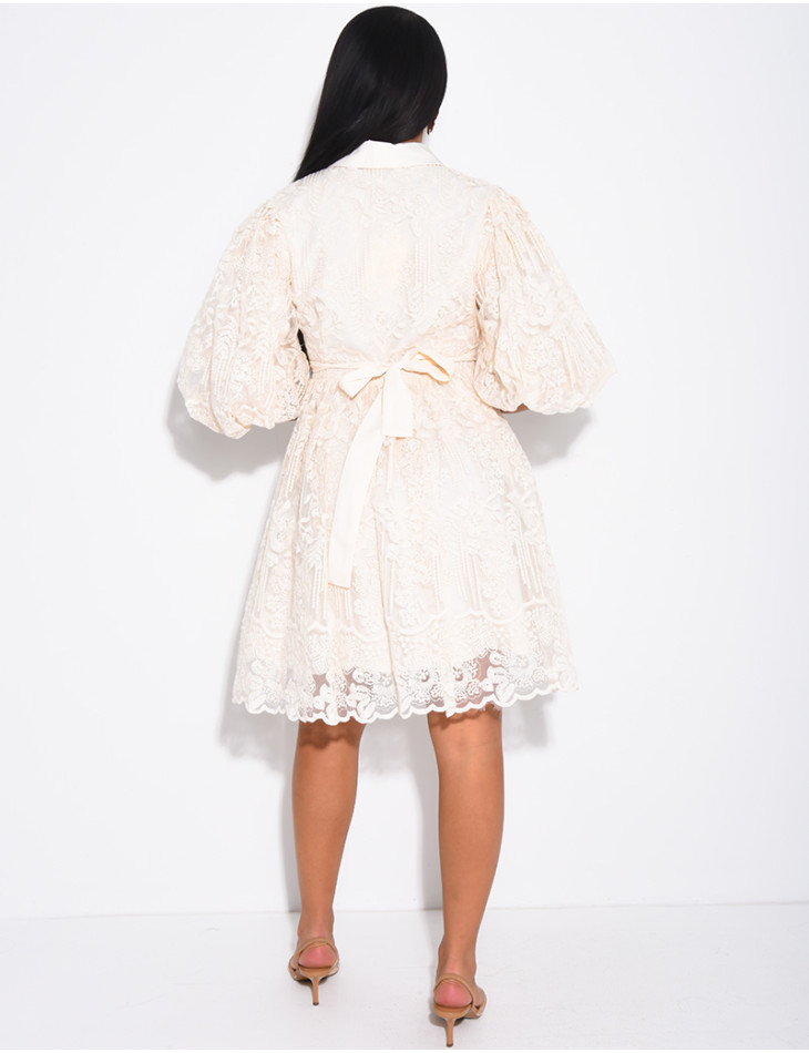 Short embroidered voile dress with puff sleeves
