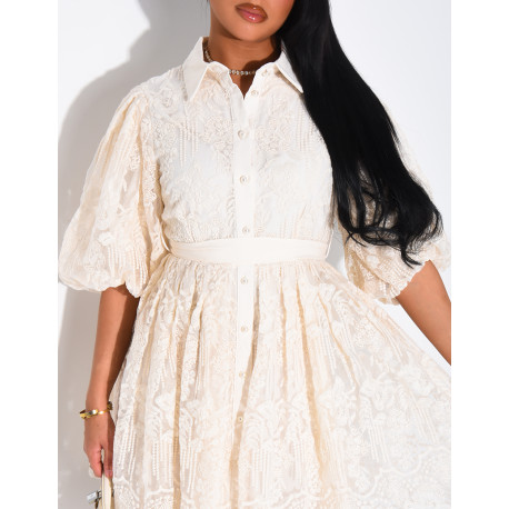 Short embroidered voile dress with puff sleeves