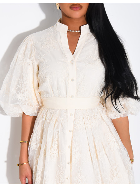 Robe courte en voile brodé & manches bouffantes