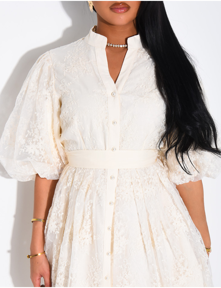 Robe courte en voile brodé & manches bouffantes