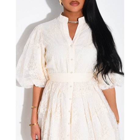 Robe courte en voile brodé & manches bouffantes