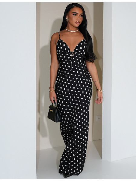 Long cotton dress with a polka dot print and tie detail