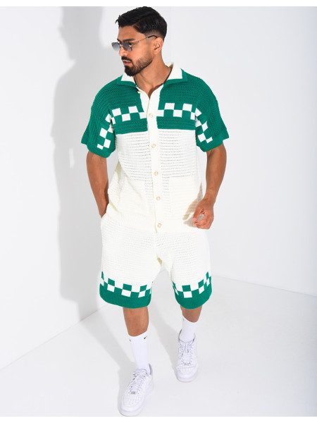 Ensemble ajouré à damier short et chemise à boutons perle