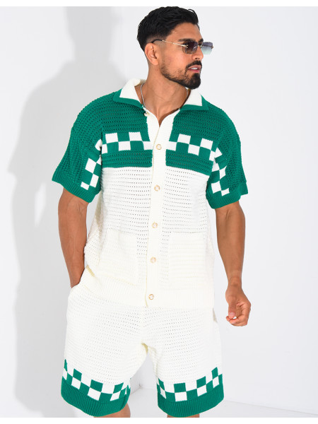 Ensemble ajouré à damier short et chemise à boutons perle