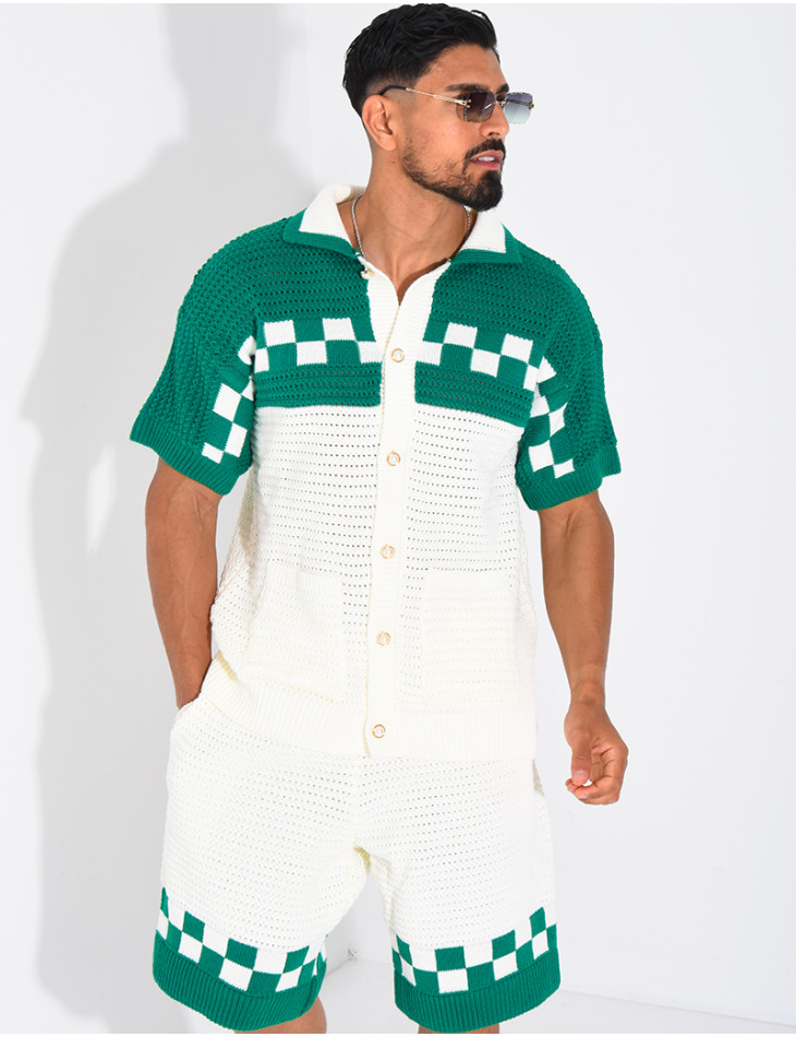 Ensemble ajouré à damier short et chemise à boutons perle