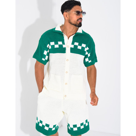 Ensemble ajouré à damier short et chemise à boutons perle