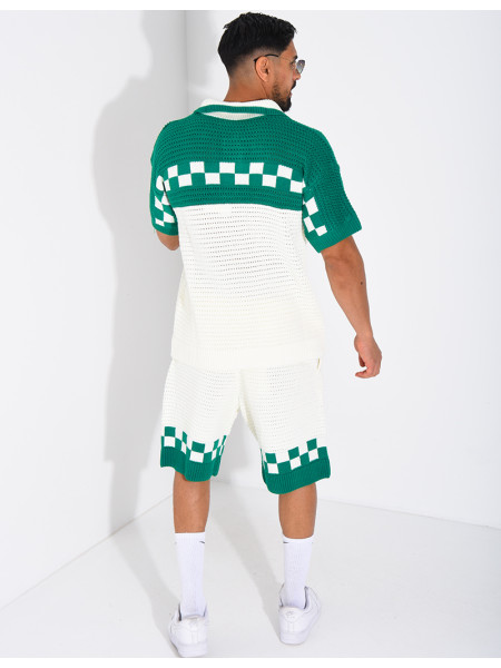 Ensemble ajouré à damier short et chemise à boutons perle