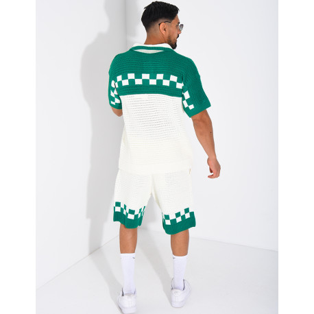 Ensemble ajouré à damier short et chemise à boutons perle
