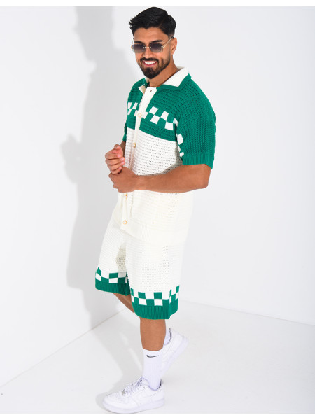 Ensemble ajouré à damier short et chemise à boutons perle