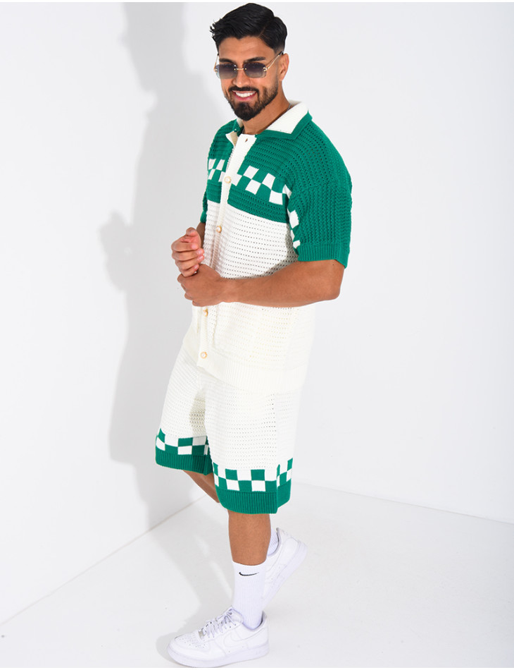 Ensemble ajouré à damier short et chemise à boutons perle