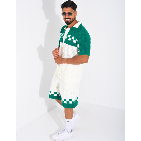 Ensemble ajouré à damier short et chemise à boutons perle