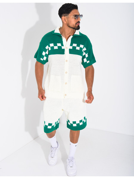 Ensemble ajouré à damier short et chemise à boutons perle