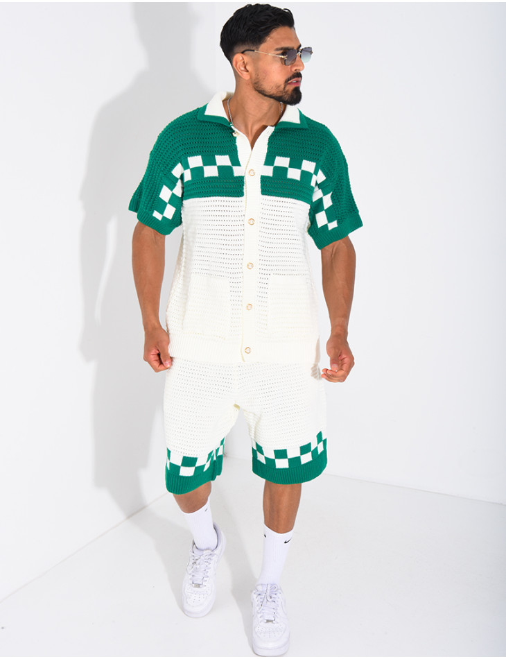 Ensemble ajouré à damier short et chemise à boutons perle