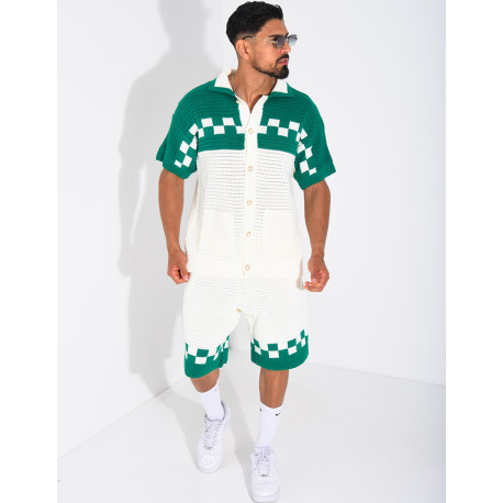 Ensemble ajouré à damier short et chemise à boutons perle