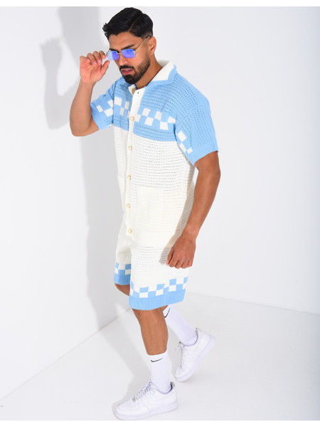 Ensemble ajouré à damier short et chemise à boutons perle