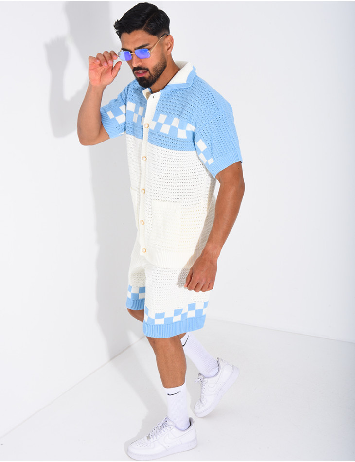 Ensemble ajouré à damier short et chemise à boutons perle