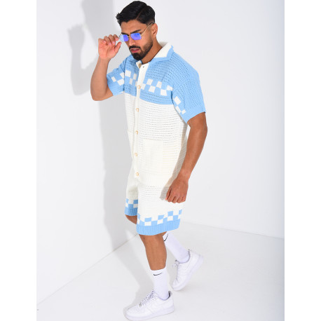 Ensemble ajouré à damier short et chemise à boutons perle