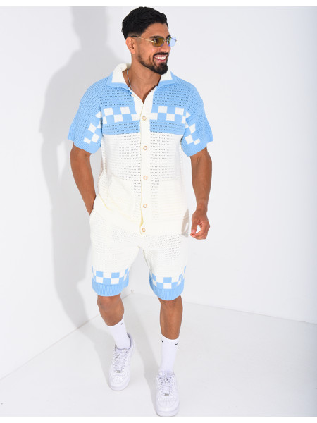 Ensemble ajouré à damier short et chemise à boutons perle