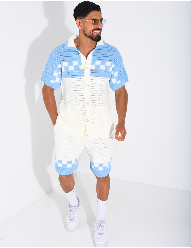 Ensemble ajouré à damier short et chemise à boutons perle